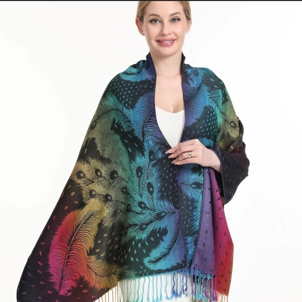 Peacock Feather Rainbow Pashmina Shawl Wrap Scarf Fringe Size OS